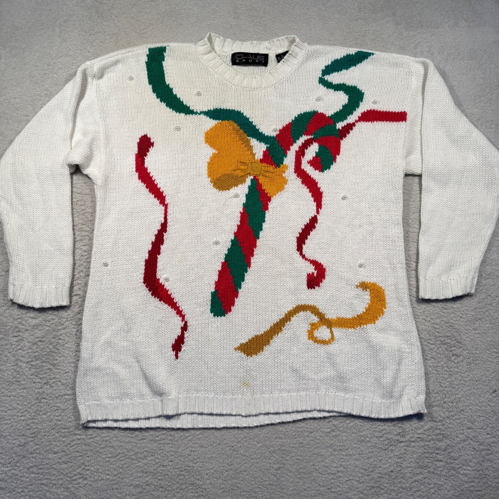 Vintage 90s Womens Ugly Christmas Sweater Candy Cane‎ Pearl Embellishments L